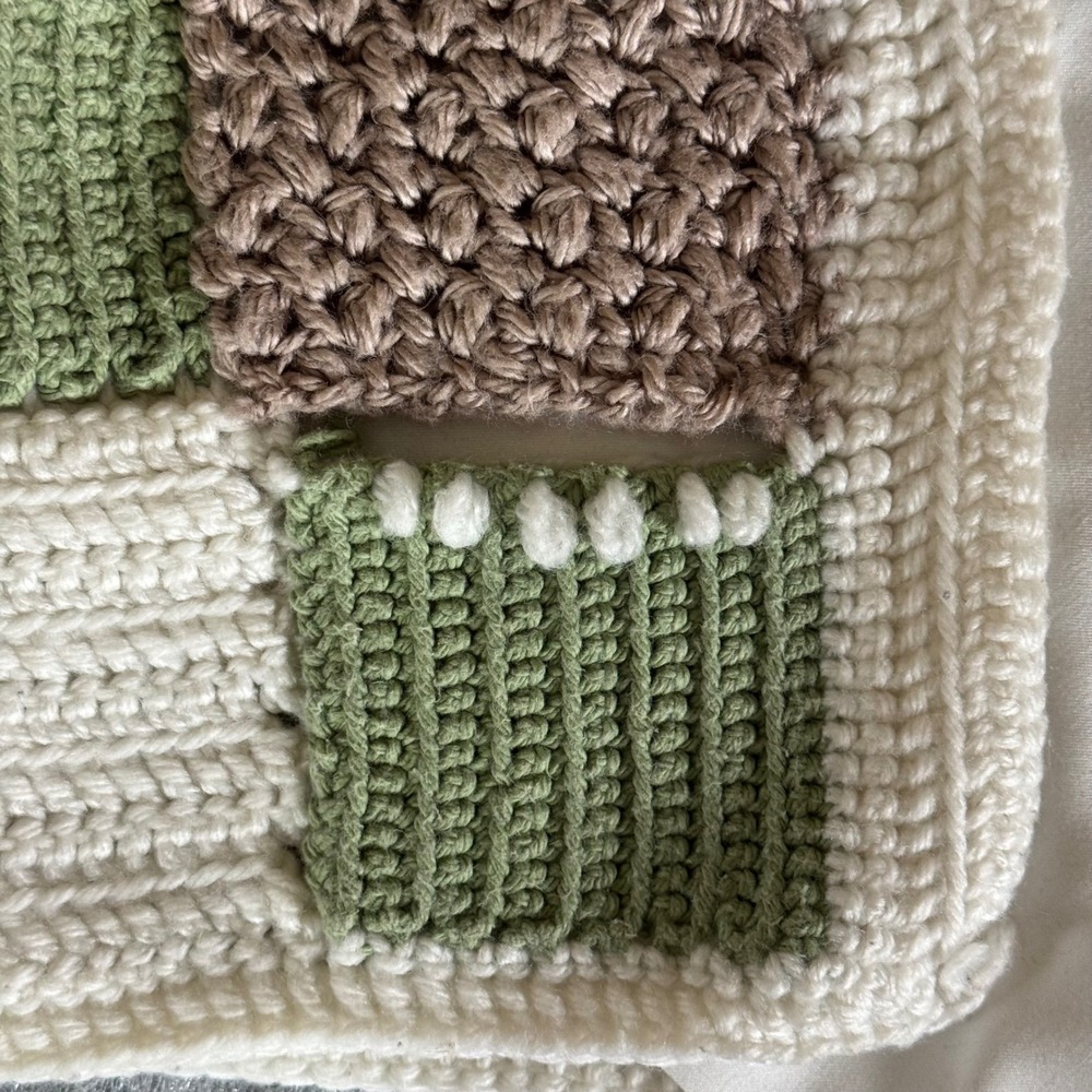 Hand Knit Kids Patchwork Vest Open Front Cottagecore Green Cream Handmade - Picture 3 of 3